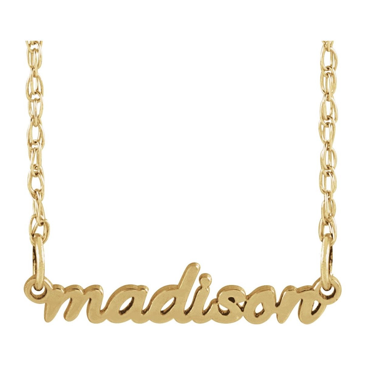 Tiny script name necklace in yellow gold