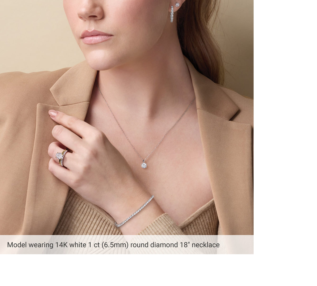 Model wearing a lab-grown diamond solitaire necklace