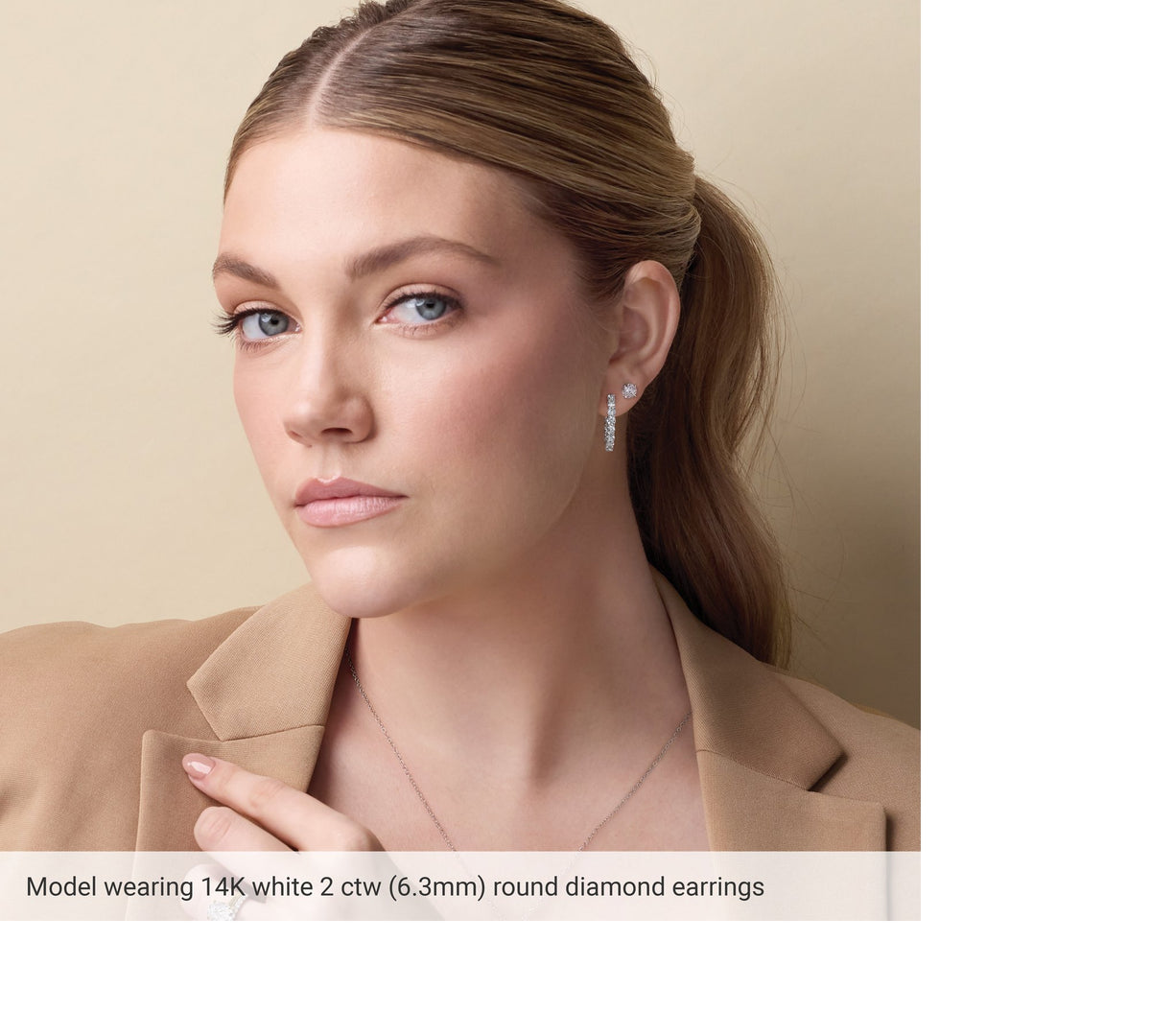 Model wearing lab-grown diamond stud earrings