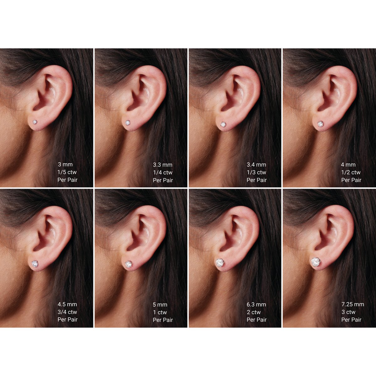 Stud earring size guide on the ear