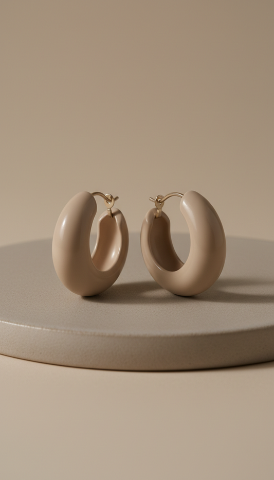 Matte Beige Enamel Hoop Earrings